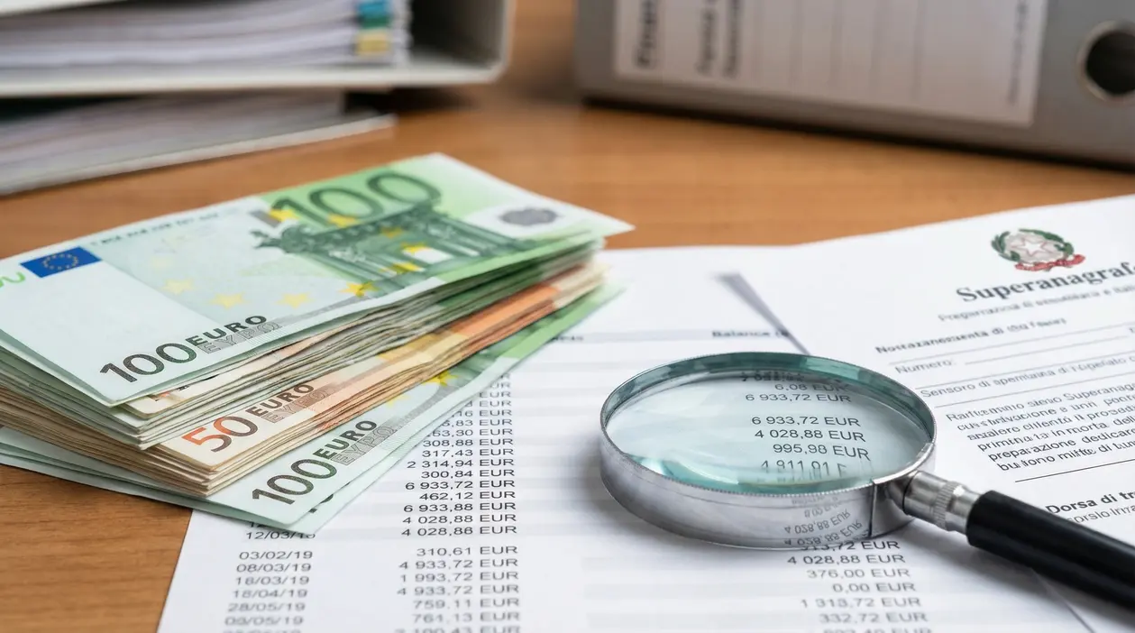 Mazzette di banconote e documenti finanziari con lente di ingrandimento su un tavolo