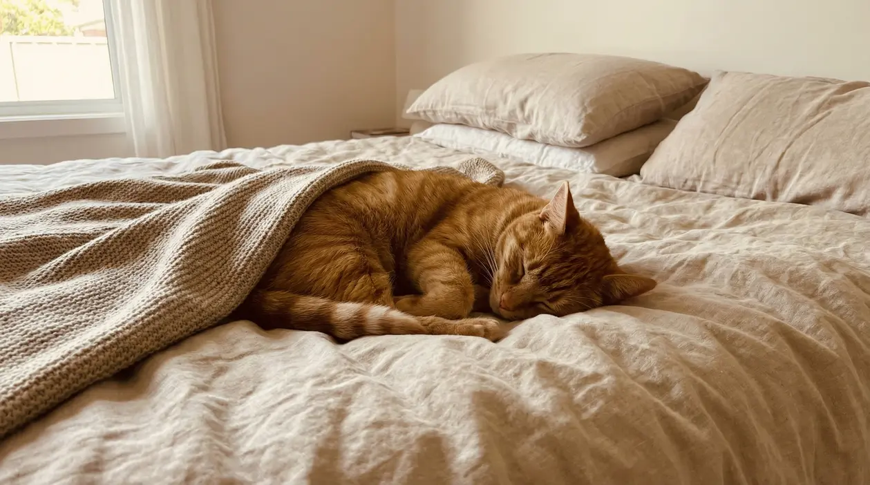 Gatto arancione che dorme su un letto coperto da una coperta beige