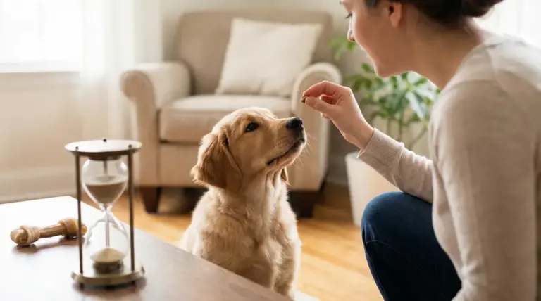 Cucciolo attentamente osserva una persona che gli porge un premio in un ambiente domestico