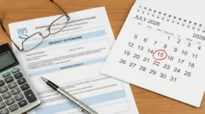 Foglio pensionistico INPS, calcolatrice e calendario con il 15 luglio 2026 cerchiato