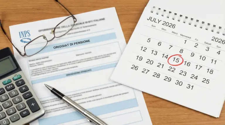 Foglio pensionistico INPS, calcolatrice e calendario con il 15 luglio 2026 cerchiato