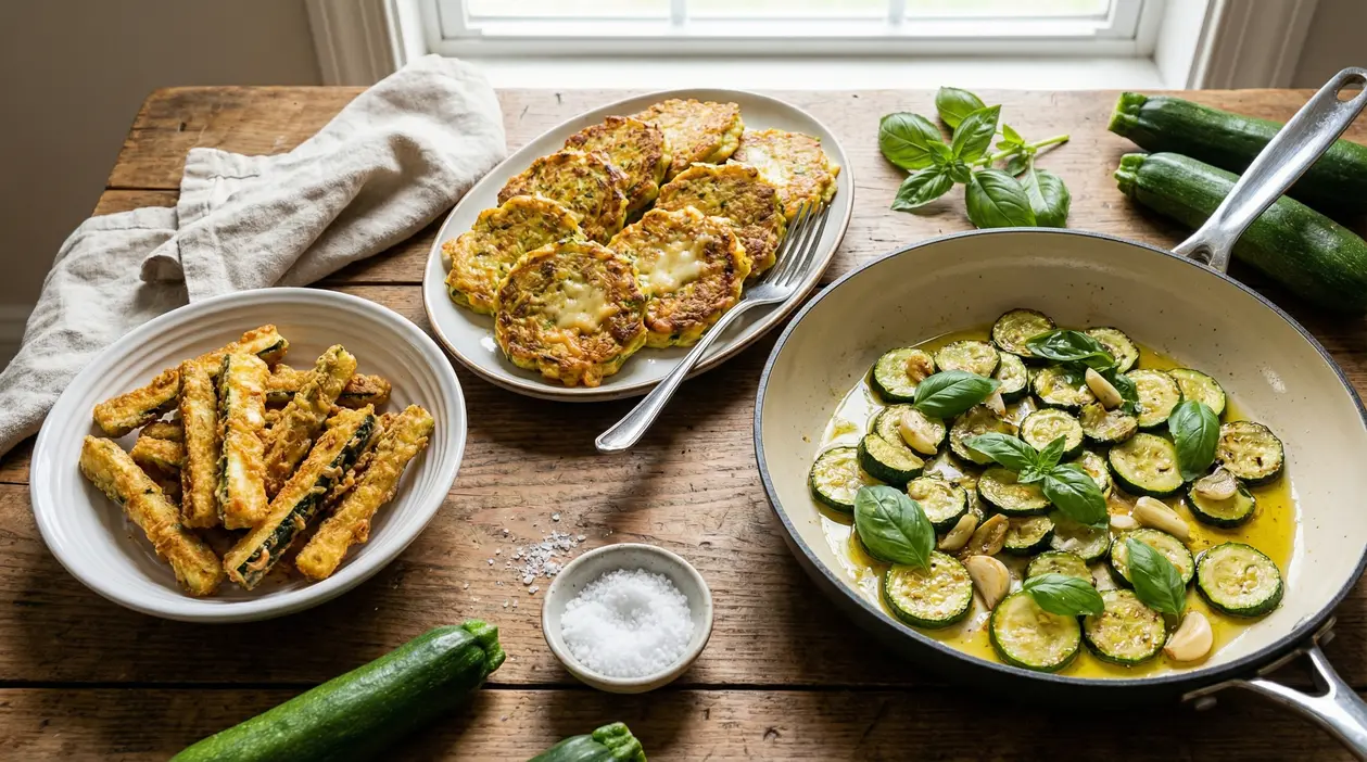 Tre piatti con ricette a base di zucchine su un tavolo rustico in legno