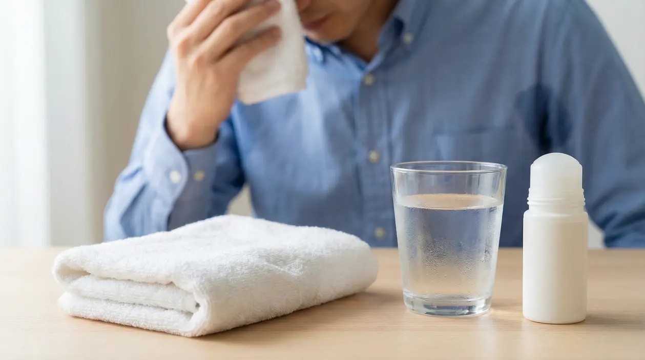 Persona con camicia che si asciuga il viso, accanto a un bicchiere d'acqua, asciugamano e deodorante.