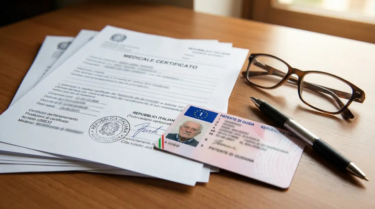 Documenti per il rinnovo della patente di guida italiana su un tavolo, con occhiali e penna