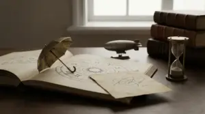 Libro con simboli zodiacali aperto su un tavolo con clessidra e oggetti vintage