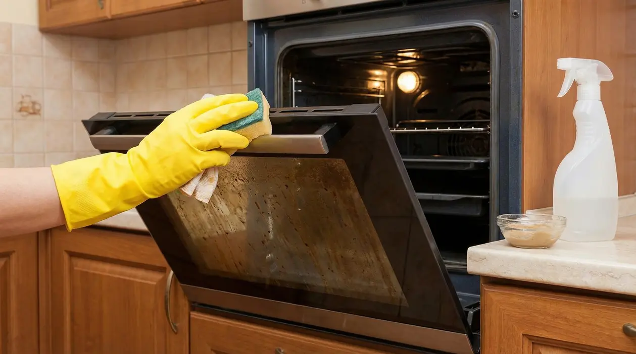 Una persona con guanti pulisce il vetro del forno incrostato con una spugna