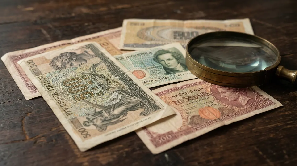 Vecchie banconote italiane da 500 lire sparse su un tavolo con lente d'ingrandimento