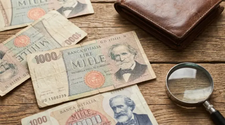 Vecchie banconote da 1000 lire italiane con ritratto di Giuseppe Verdi su un tavolo di legno