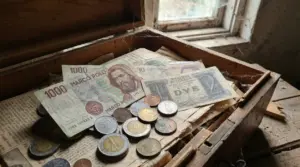 Vecchie banconote e monete italiane in una scatola di legno polverosa vicino a una finestra