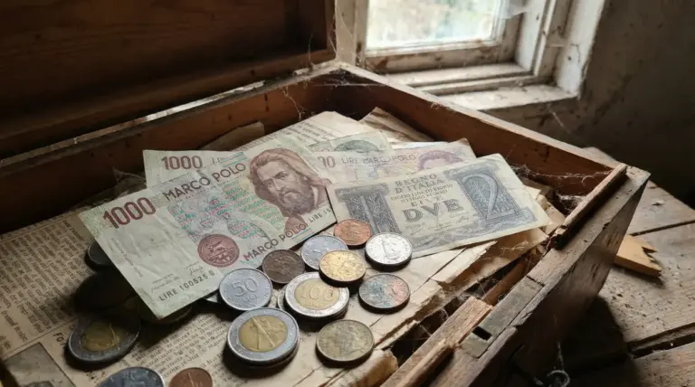 Vecchie banconote e monete italiane in una scatola di legno polverosa vicino a una finestra