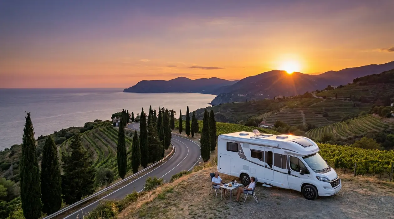 Camper parcheggiato su una collina panoramica con vista sul mare al tramonto