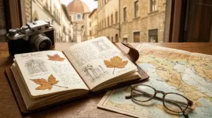 Taccuino di viaggio aperto con foglie secche, mappa dell'Italia, macchina fotografica e occhiali su un tavolo