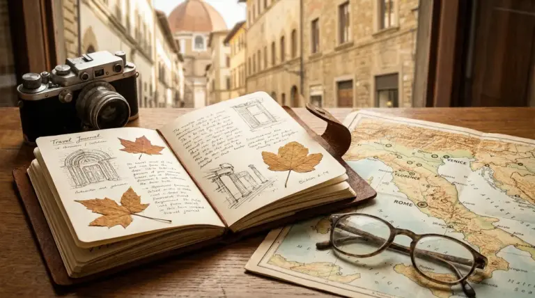 Taccuino di viaggio aperto con foglie secche, mappa dell'Italia, macchina fotografica e occhiali su un tavolo
