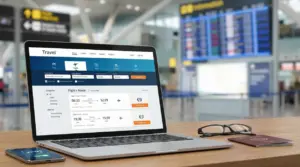 Laptop aperto con motore di ricerca voli su schermo, in un aeroporto