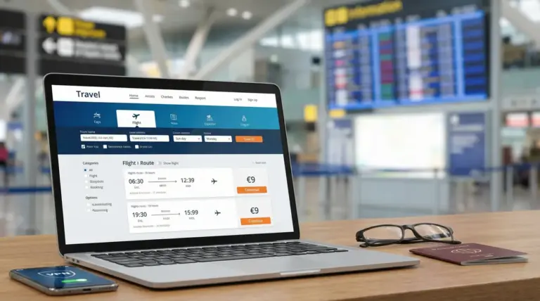 Laptop aperto con motore di ricerca voli su schermo, in un aeroporto