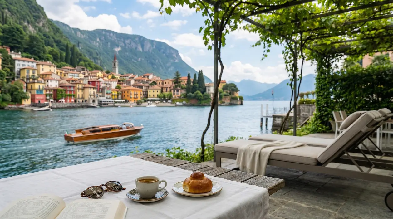 Vista rilassante su un lago italiano con barca, case colorate e colazione su un tavolo all'aperto